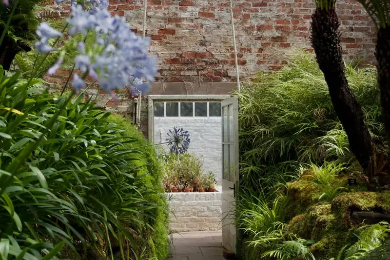Old brick garden wall with a doorway through to the next garden, the kind of shallow-founded boundary structure excavation has to respect