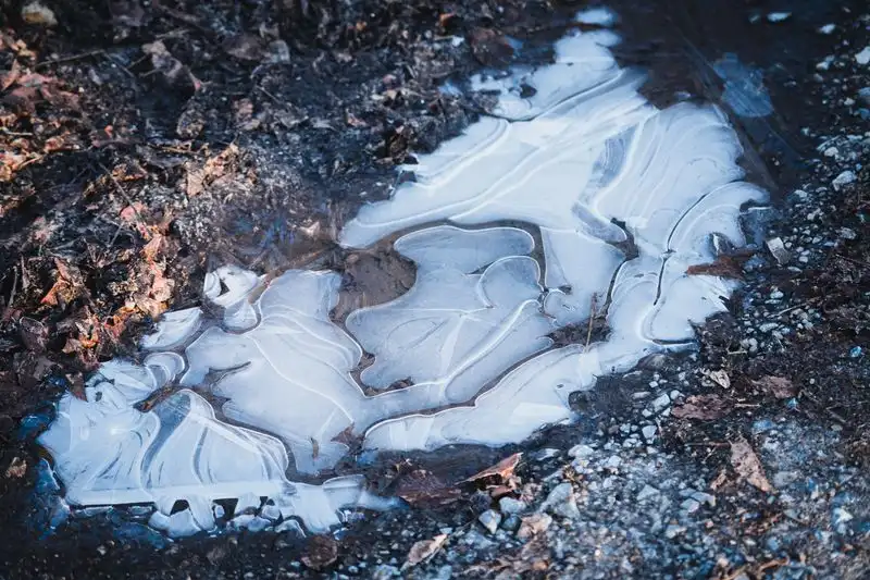 Frozen puddle and ice on the ground
