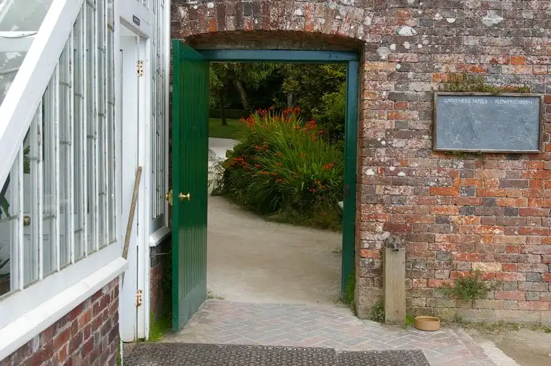 Garden path running alongside planted borders