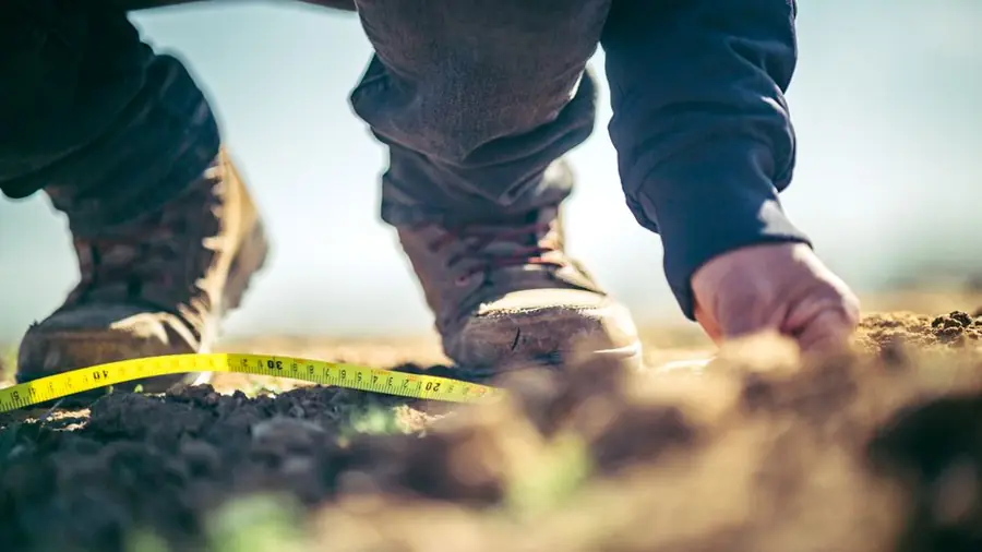 Measuring ground dimensions outdoors with a tape measure before driveway work