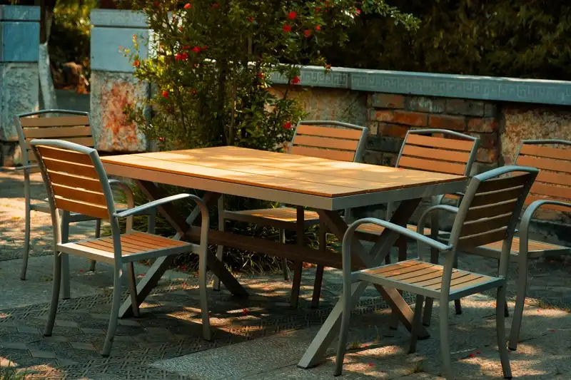 Outdoor dining furniture on a garden patio