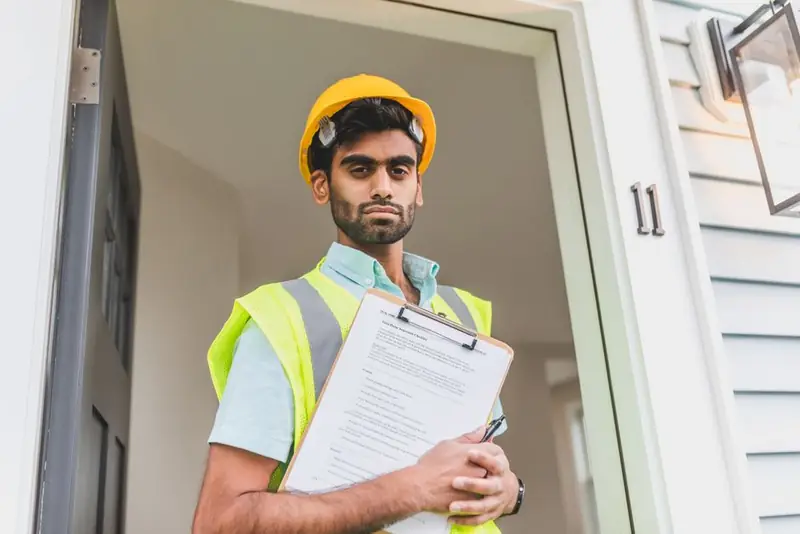 Contractor with a clipboard at a property doorway going through a written driveway quote with the homeowner