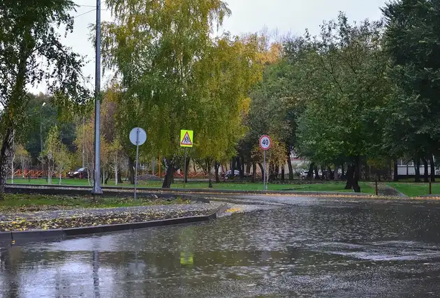 Wet road surface in autumn rain showing surface water drainage