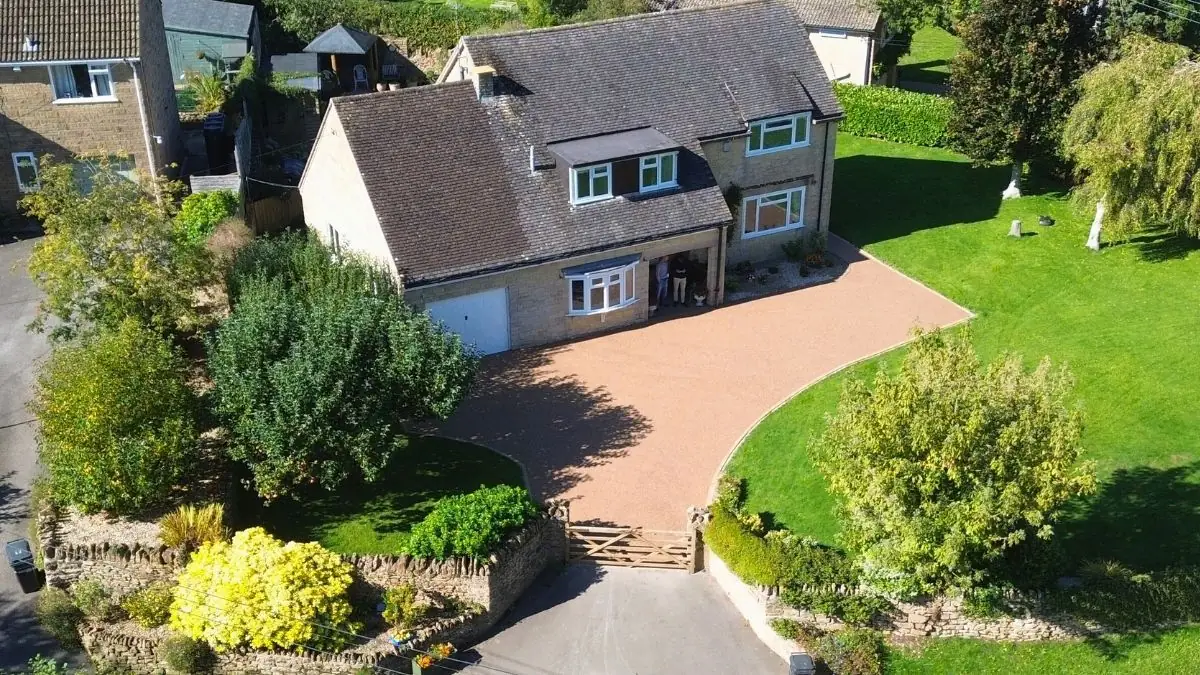 Aerial view of a finished resin bound driveway at a home in Swindon